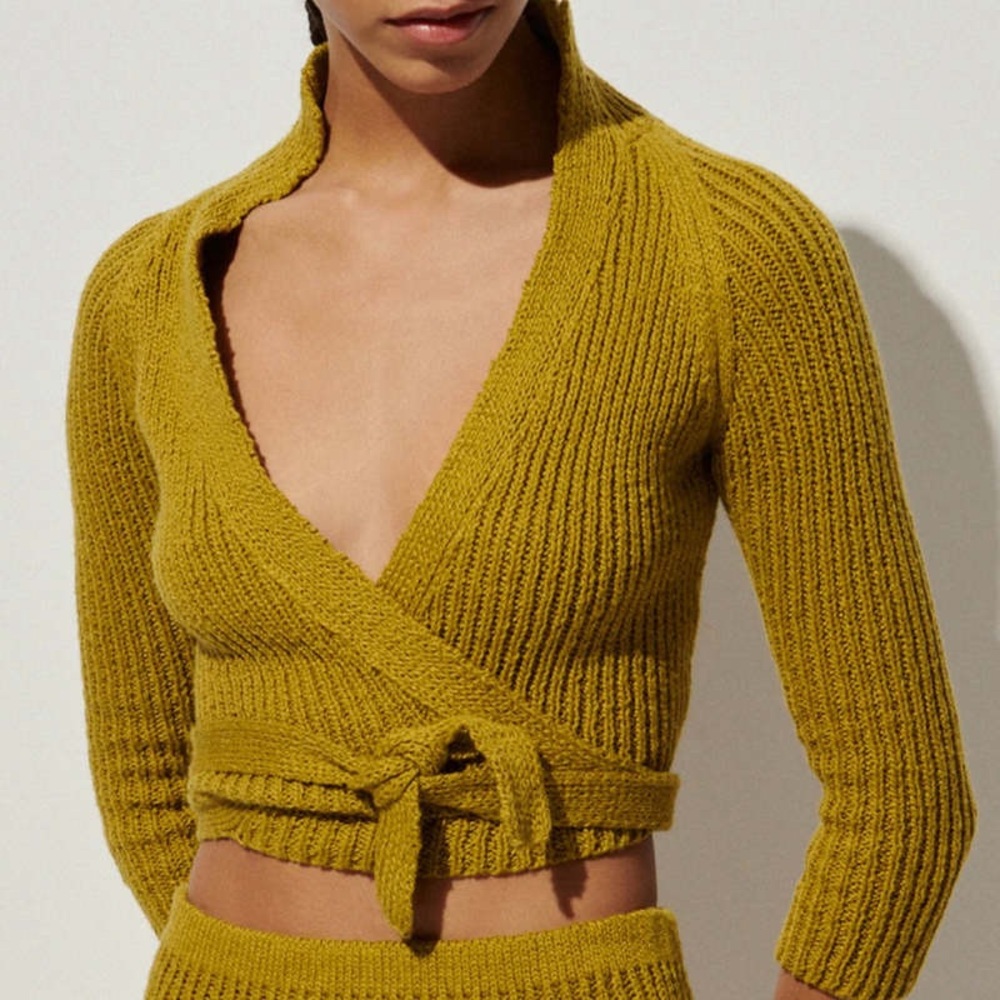 RACHEL COMEY Garam Ribbed Wrap Top in Chartreuse - Small